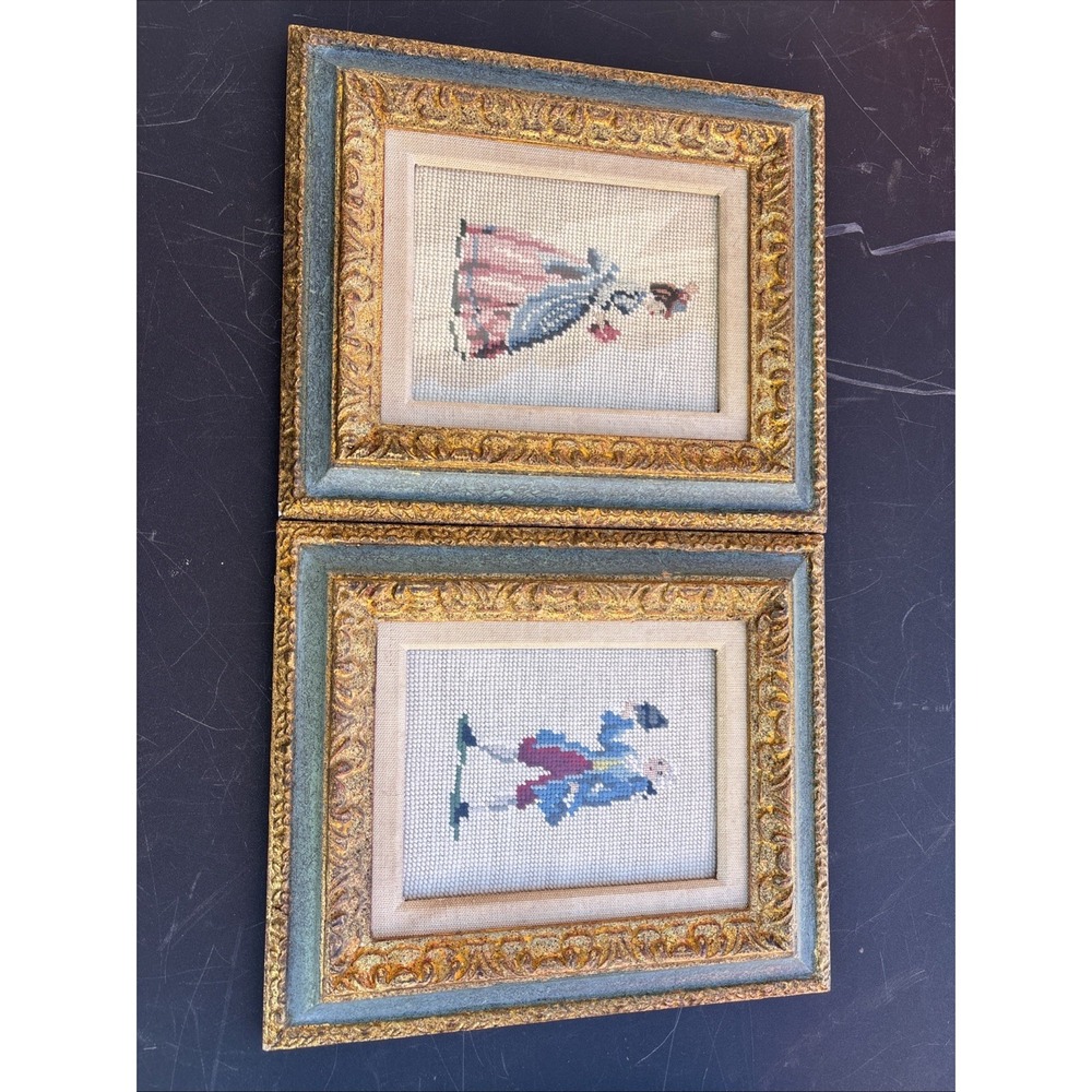 VINTAGE VICTORIAN NEEDLEPOINT FRAMED ART LADY / BONNET & GENTLMAN